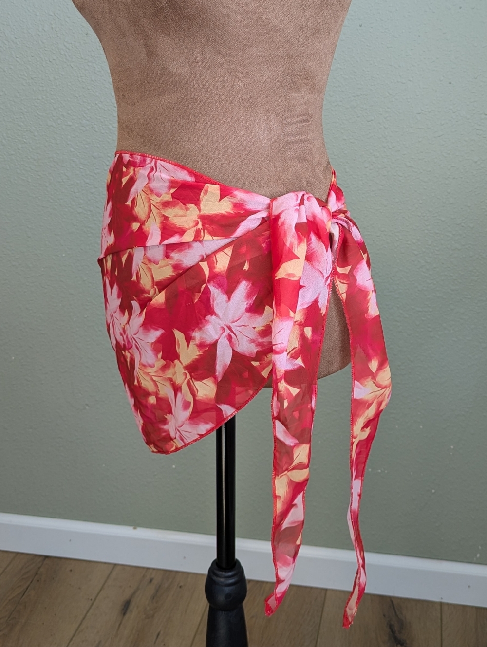 Red Floral Tie-Side Swim Sarong Cover-Up